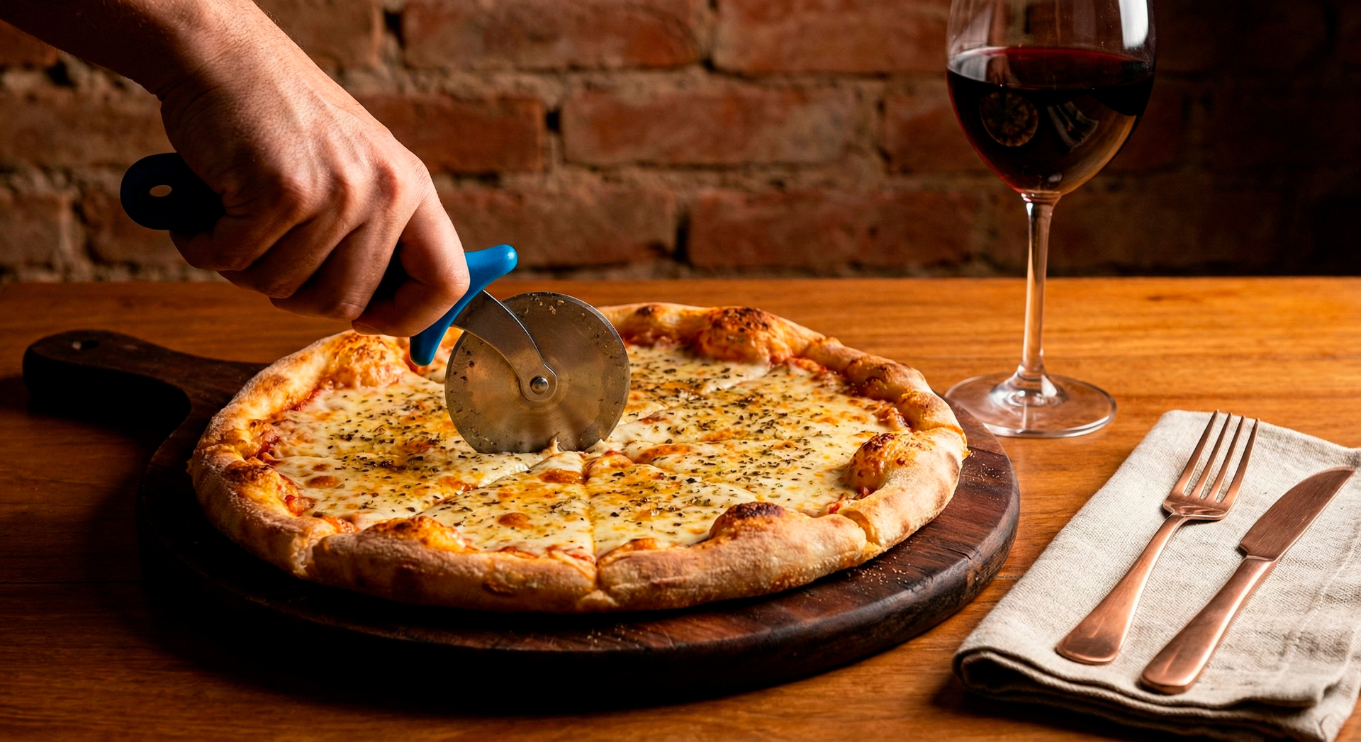 Pizza artesanal sendo cortada com rolo de pizza